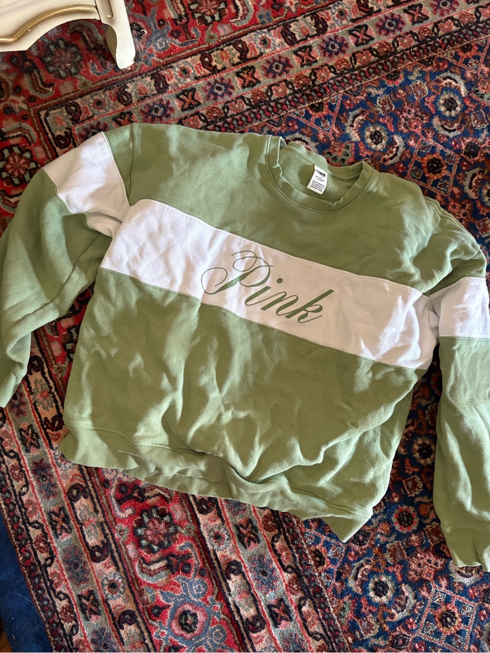 PINK Victoria's Secret Olive Green & White Stripe Crewneck Sweatshirt